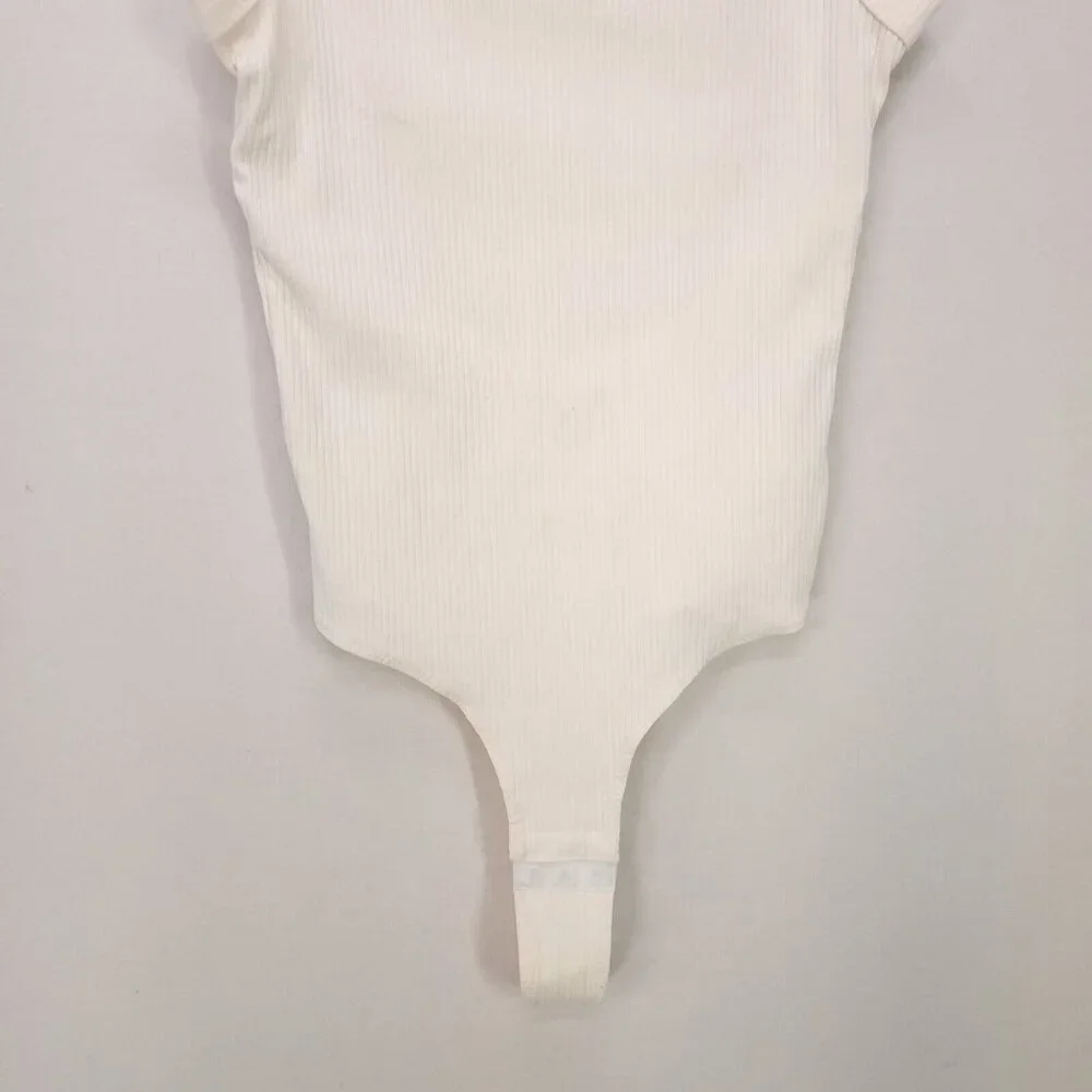 Madewell Tank Bodysuit Cutout Back Thong Ribbed Ivory Small Double Snap Closure - Picture 4 of 14